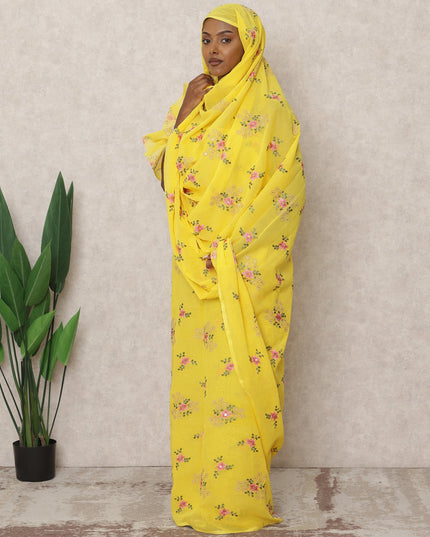 Bright Yellow Traditional Sudanese Thobe with Multicolor Floral Voile Embroidery, 4.5 Mtrs Piece, Pure Cotton Fabric, Width 140 Cms, Made in India-D24463