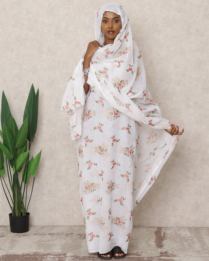 ثوب سوداني تقليدي أبيض مطرز بنقشة زهور متعددة الألوان، قطعة بطول 4.5 متر، مصنوع من قماش قطني خالص، عرض 140 سم، صنع في الهند - D24465