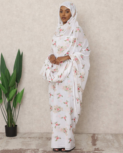 ثوب سوداني تقليدي أبيض مطرز بنقشة زهور متعددة الألوان، قطعة بطول 4.5 متر، مصنوع من قماش قطني خالص، عرض 140 سم، صنع في الهند - D24465