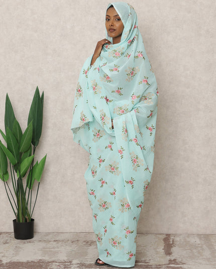 ثوب سوداني تقليدي أزرق سماوي مع تطريز زهور متعدد الألوان، قطعة بطول 4.5 متر، مصنوع من قماش قطني خالص، عرض 140 سم، صنع في الهند - D24466