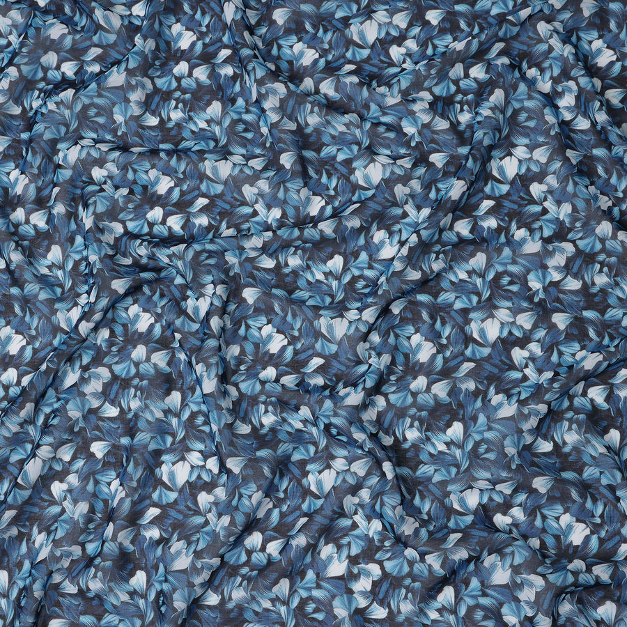 Navy Dark Blue Leaf Cotton Voile Fabric 110cm