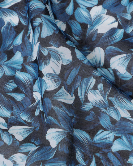 Navy Dark Blue Leaf Cotton Voile Fabric 110cm
