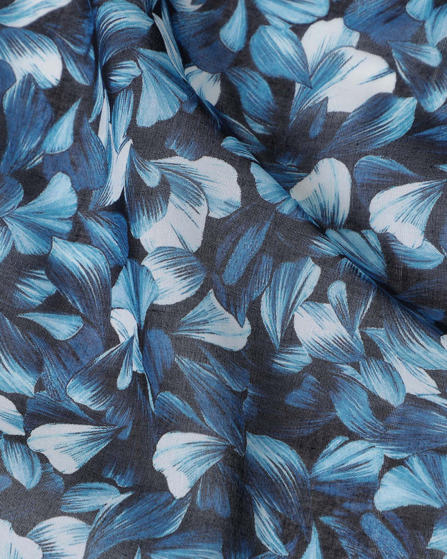 Navy Dark Blue Leaf Cotton Voile Fabric 110cm