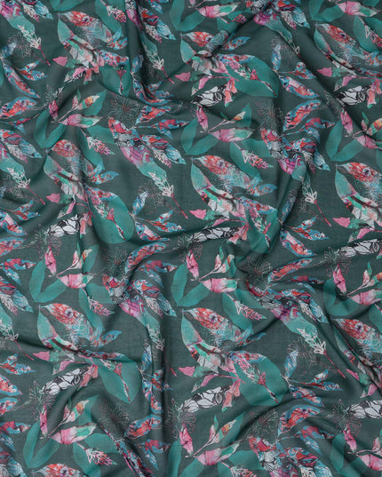 Dark Teal Green Leaf Cotton Voile Fabric 110cm
