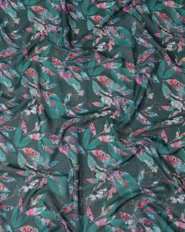 Dark Teal Green Leaf Cotton Voile Fabric 110cm