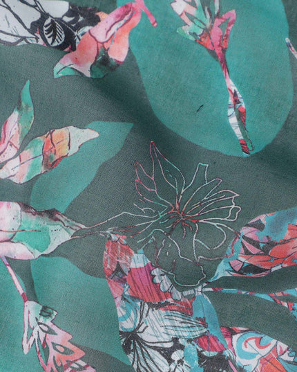 Dark Teal Green Leaf Cotton Voile Fabric 110cm