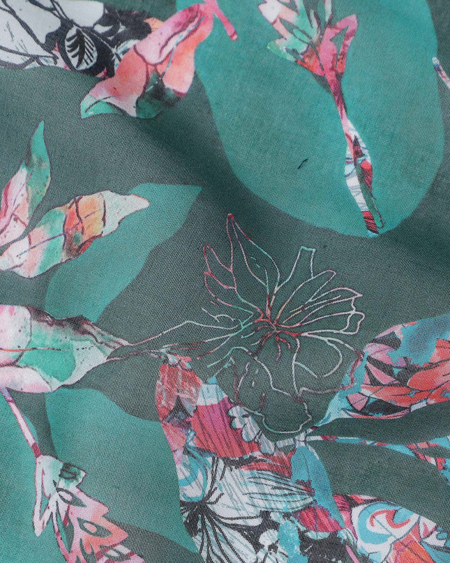 Dark Teal Green Leaf Cotton Voile Fabric 110cm