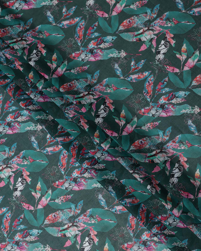 Dark Teal Green Leaf Cotton Voile Fabric 110cm