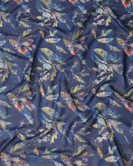 Indigo Navy Blue Leaf Cotton Voile Fabric 110cm