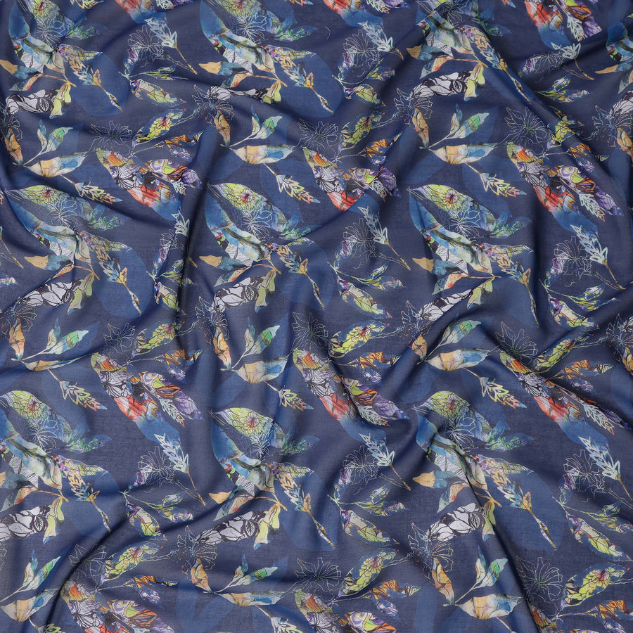 Indigo Navy Blue Leaf Cotton Voile Fabric 110cm