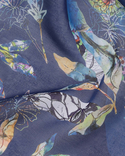 Indigo Navy Blue Leaf Cotton Voile Fabric 110cm