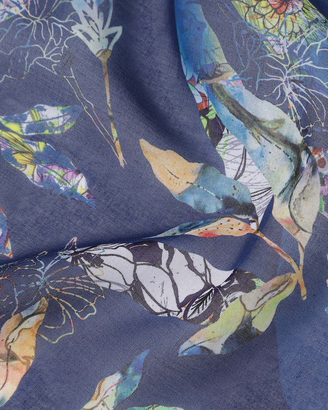 Indigo Navy Blue Leaf Cotton Voile Fabric 110cm