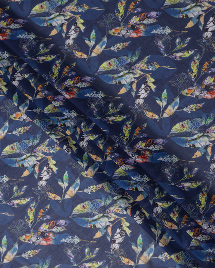 Indigo Navy Blue Leaf Cotton Voile Fabric 110cm