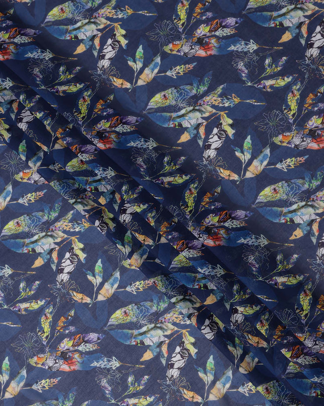 Indigo Navy Blue Leaf Cotton Voile Fabric 110cm
