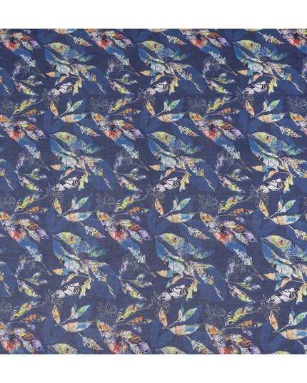 Indigo Navy Blue Leaf Cotton Voile Fabric 110cm