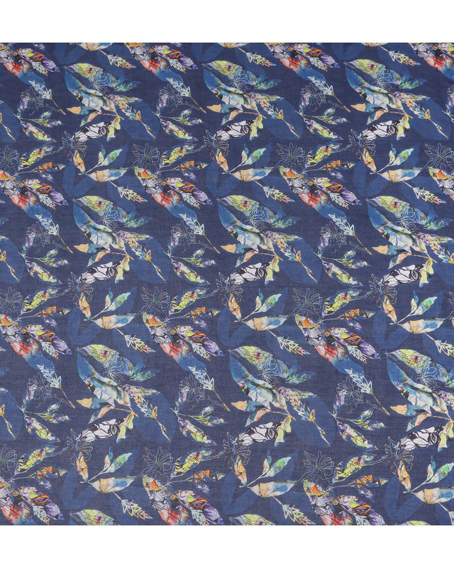 Indigo Navy Blue Leaf Cotton Voile Fabric 110cm