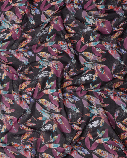 Dark Charcoal Black Leaf Cotton Voile Fabric 110cm