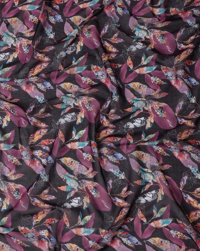 Dark Charcoal Black Leaf Cotton Voile Fabric 110cm