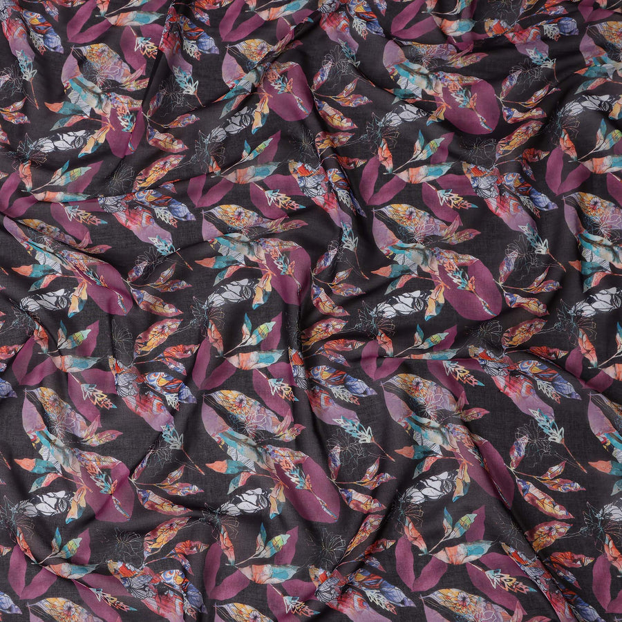 Dark Charcoal Black Leaf Cotton Voile Fabric 110cm