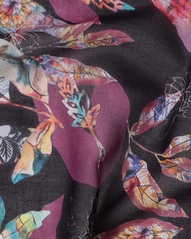 Dark Charcoal Black Leaf Cotton Voile Fabric 110cm
