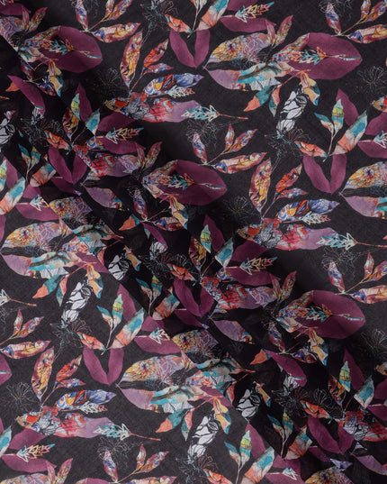 Dark Charcoal Black Leaf Cotton Voile Fabric 110cm