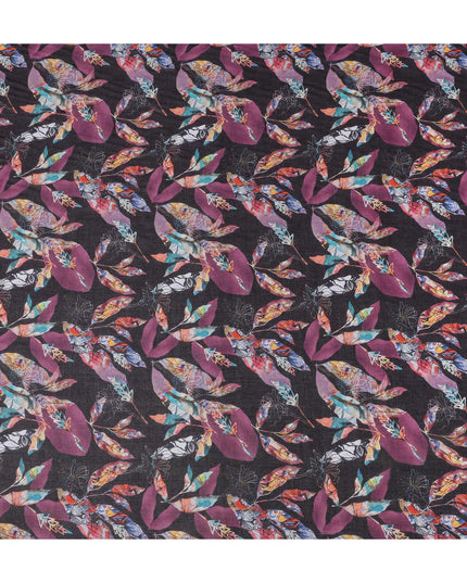 Dark Charcoal Black Leaf Cotton Voile Fabric 110cm