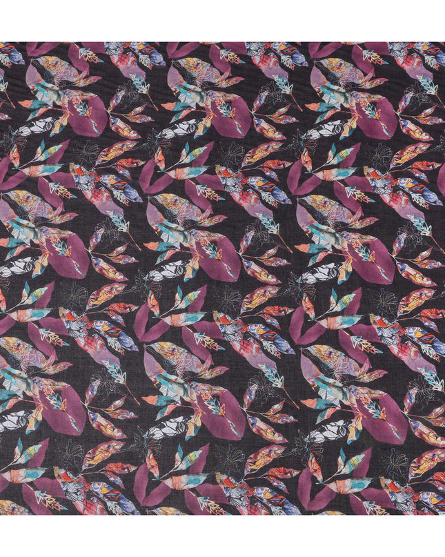 Dark Charcoal Black Leaf Cotton Voile Fabric 110cm