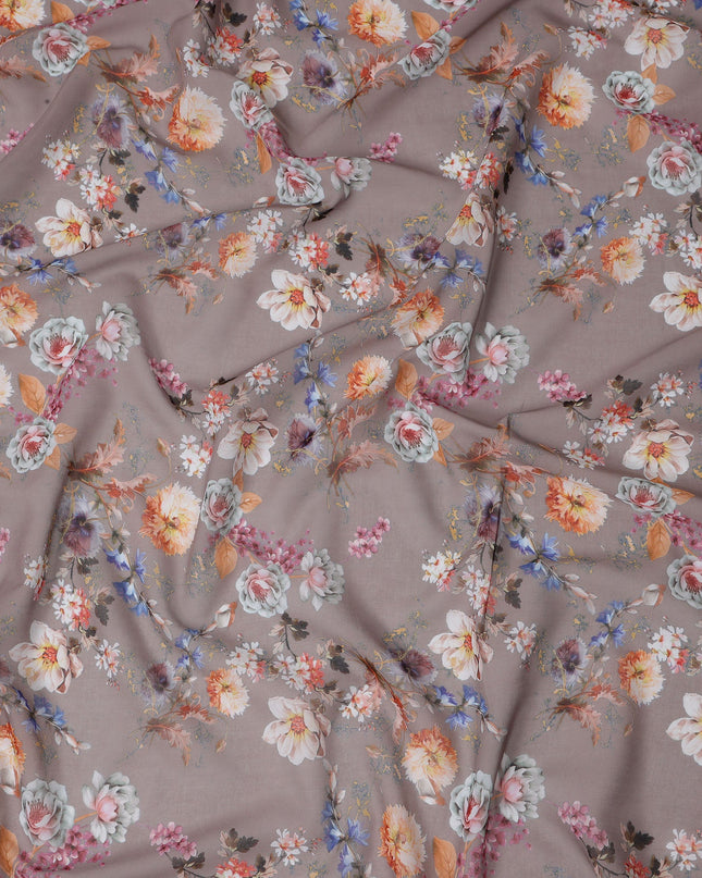 Warm Taupe Brown Floral Cotton Voile Fabric 110cm