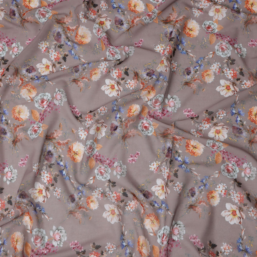 Warm Taupe Brown Floral Cotton Voile Fabric 110cm