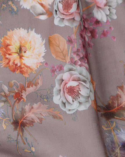Warm Taupe Brown Floral Cotton Voile Fabric 110cm