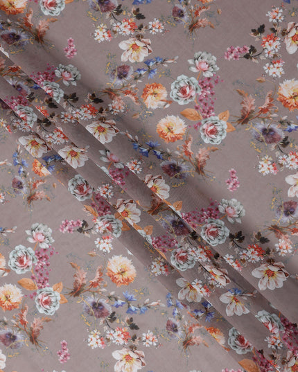 Warm Taupe Brown Floral Cotton Voile Fabric 110cm