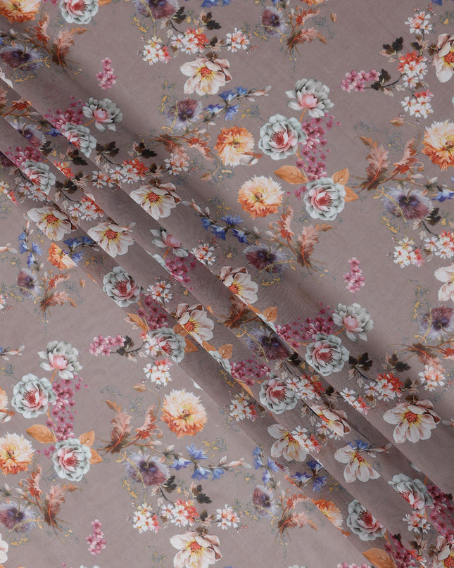 Warm Taupe Brown Floral Cotton Voile Fabric 110cm