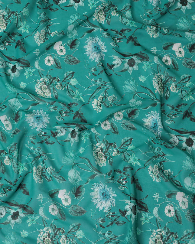 Teal Emerald Green Floral Cotton Voile Fabric 110cm