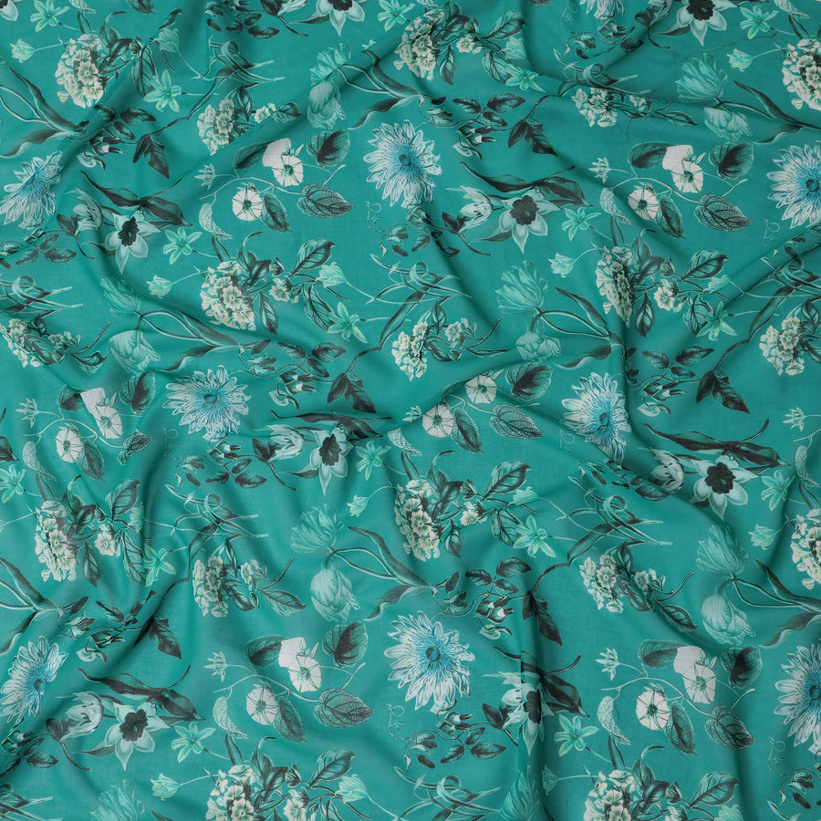 Teal Emerald Green Floral Cotton Voile Fabric 110cm