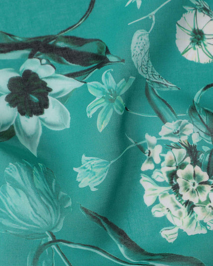 Teal Emerald Green Floral Cotton Voile Fabric 110cm