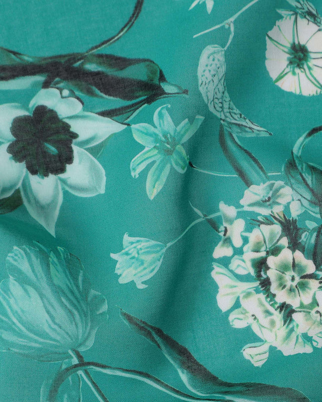 Teal Emerald Green Floral Cotton Voile Fabric 110cm