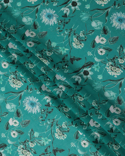 Teal Emerald Green Floral Cotton Voile Fabric 110cm