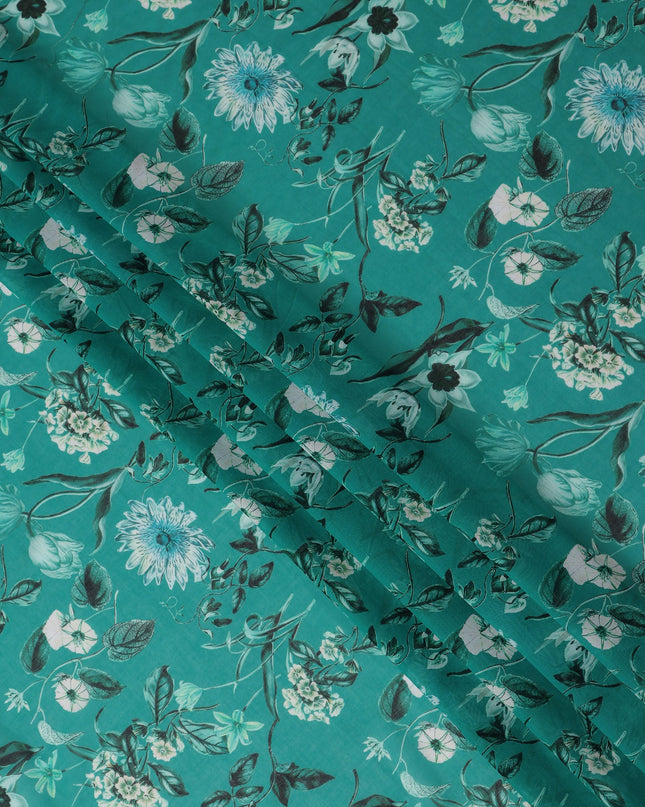 Teal Emerald Green Floral Cotton Voile Fabric 110cm