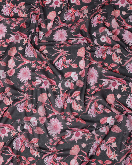 Charcoal Black Floral Cotton Voile Fabric 110cm