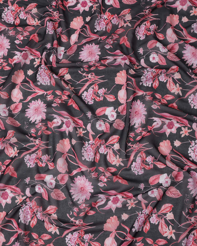 Charcoal Black Floral Cotton Voile Fabric 110cm