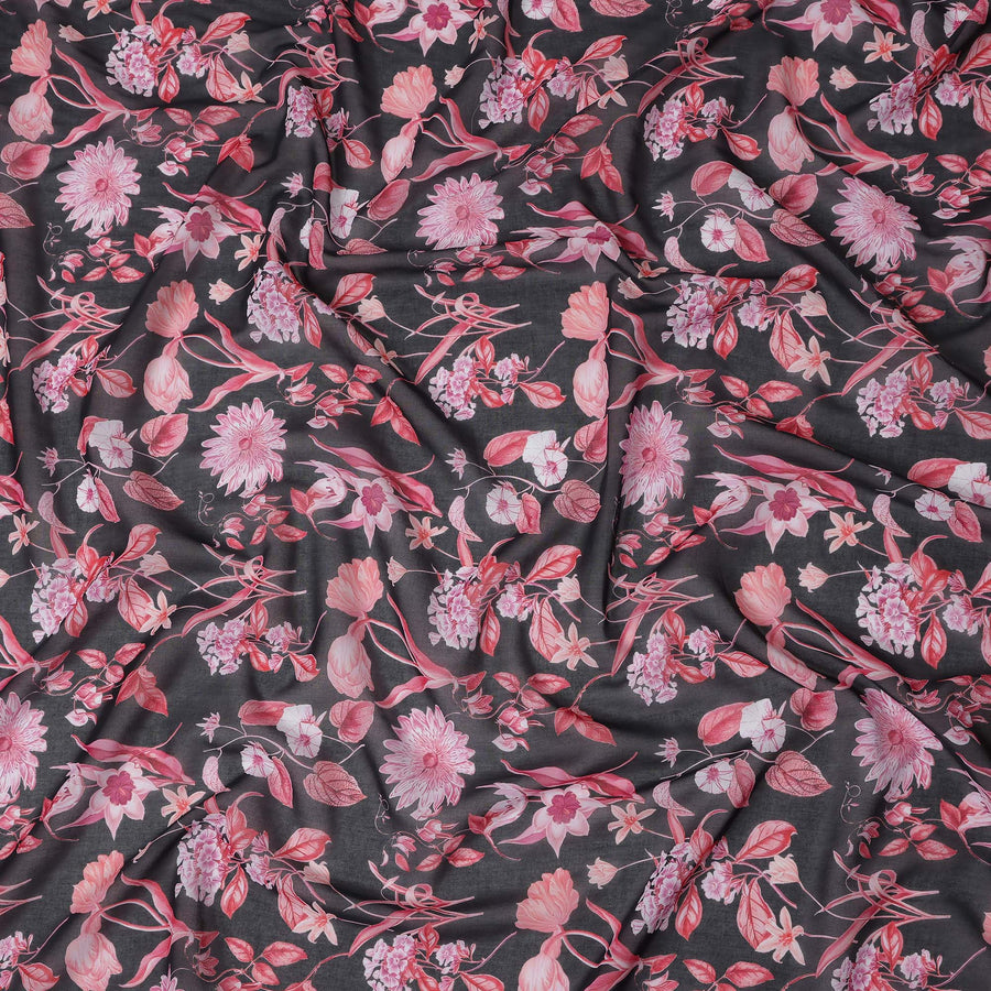 Charcoal Black Floral Cotton Voile Fabric 110cm