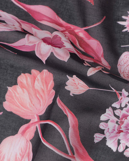Charcoal Black Floral Cotton Voile Fabric 110cm