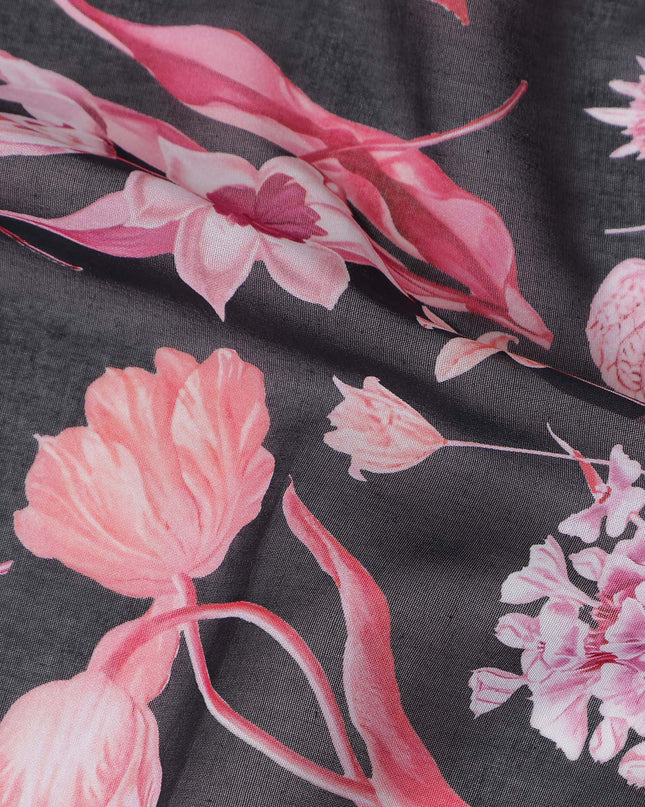 Charcoal Black Floral Cotton Voile Fabric 110cm