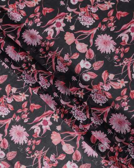 Charcoal Black Floral Cotton Voile Fabric 110cm