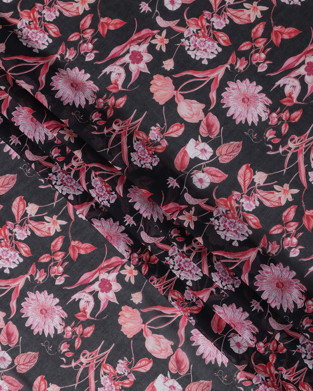 Charcoal Black Floral Cotton Voile Fabric 110cm