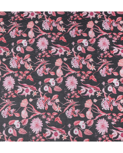 Charcoal Black Floral Cotton Voile Fabric 110cm