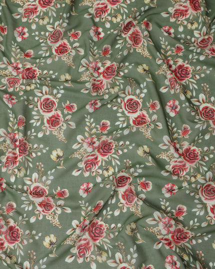 Olive Sage Green Floral Cotton Voile Fabric 110cm