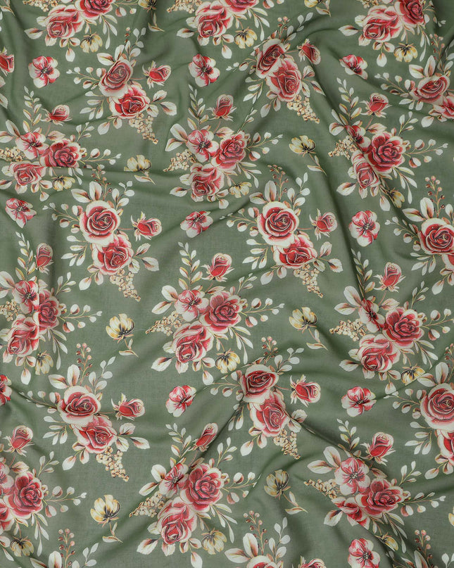 Olive Sage Green Floral Cotton Voile Fabric 110cm