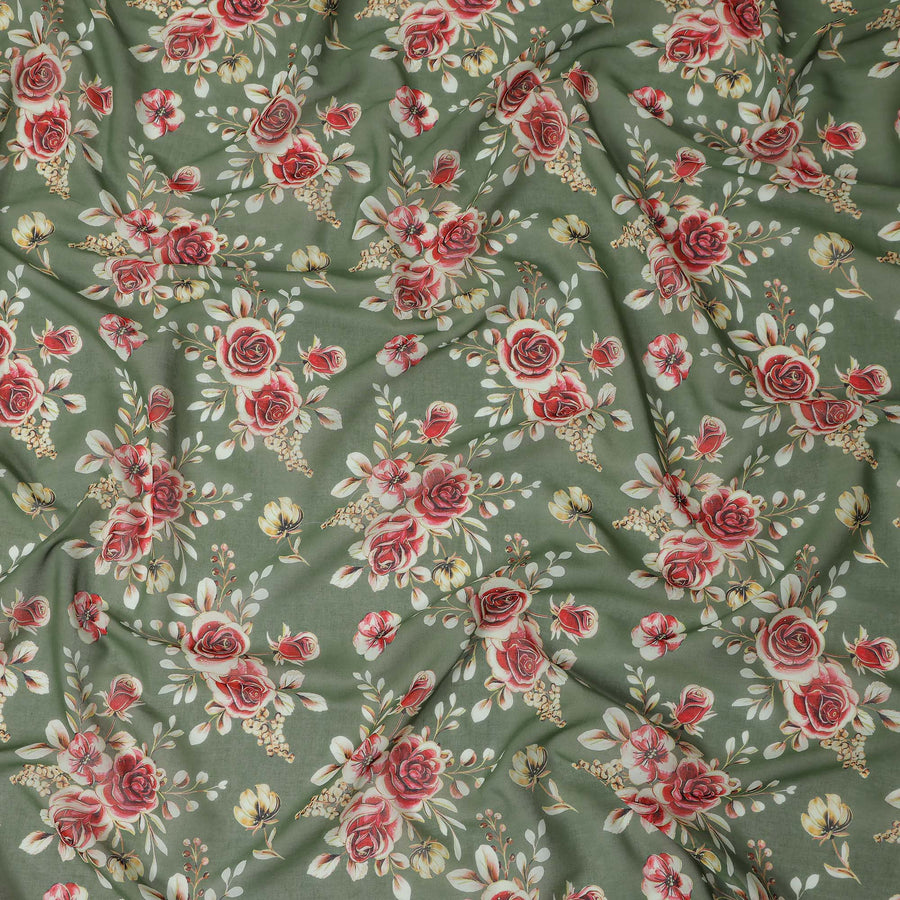 Olive Sage Green Floral Cotton Voile Fabric 110cm