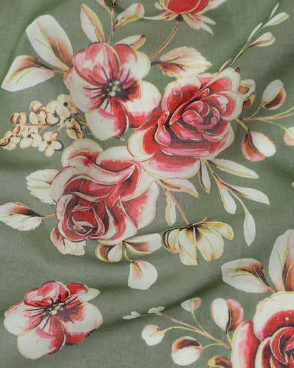 Olive Sage Green Floral Cotton Voile Fabric 110cm